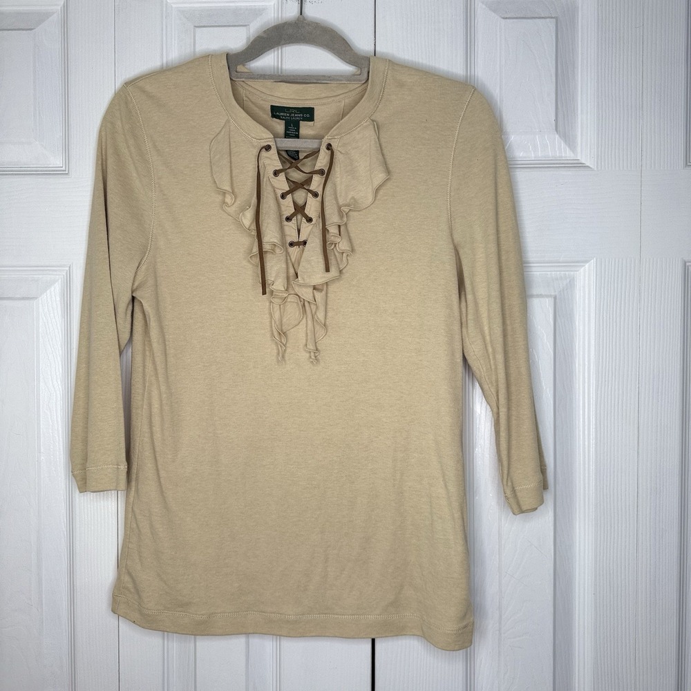 Lauren Jeans Co Ralph Lauren Lace Up Ruffle Top Oatmeal Tan Boho Whimsigoth Sz L